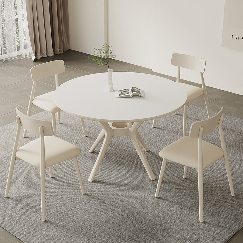 奶油风白色岩板餐桌实木圆桌带转盘现代简约轻奢家用小户型饭桌 餐桌（巴西橡木）将军岩板 100cm *100*75cm