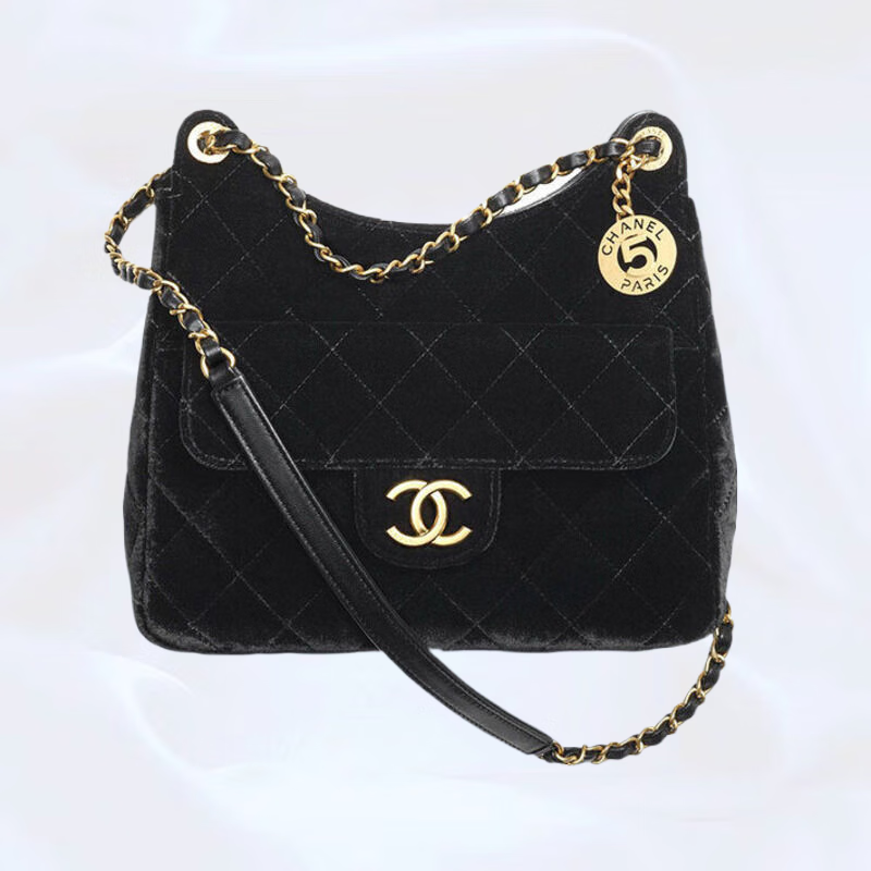 香奈儿(chanel)新款女包经典黑色天鹅绒 褶皱小羊皮菱格纹绗缝单肩斜