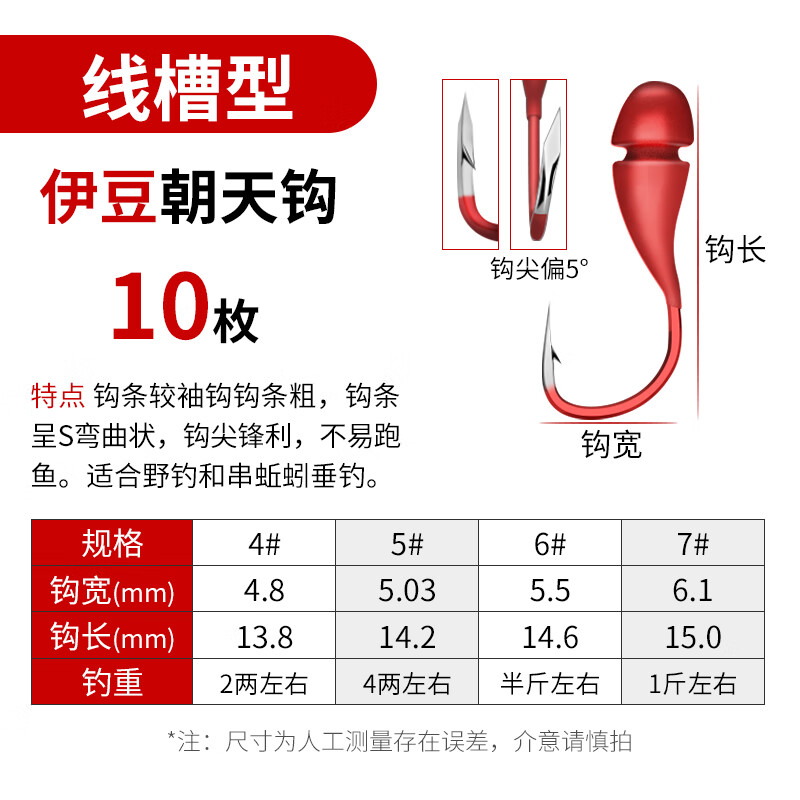 hicreat斜穿心朝天钩45度千又散装有倒刺传统野钓鱼钩 线槽款伊豆10枚