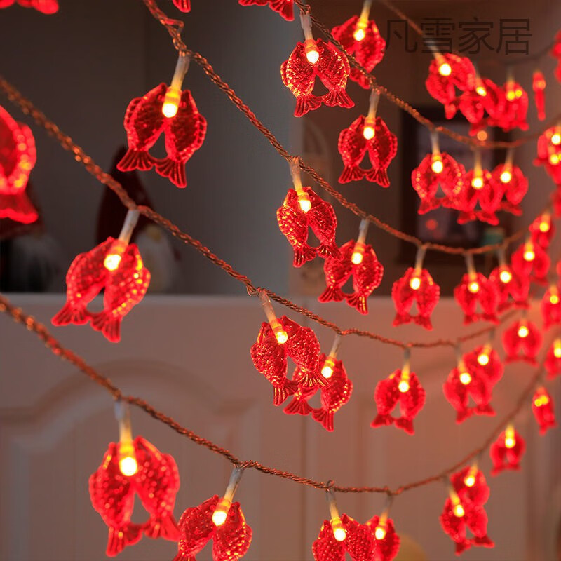 LED彩灯闪灯串灯过年装饰灯元宵小红灯笼婚房春节中国结新年挂灯 年年有鱼红色 12米100灯太阳能全防水