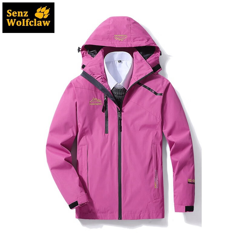 森州狼爪 户外冲锋衣男防风情侣款秋冬登山滑雪服女可拆帽加绒加厚可定制团购印logo 单层女玫红 2XL