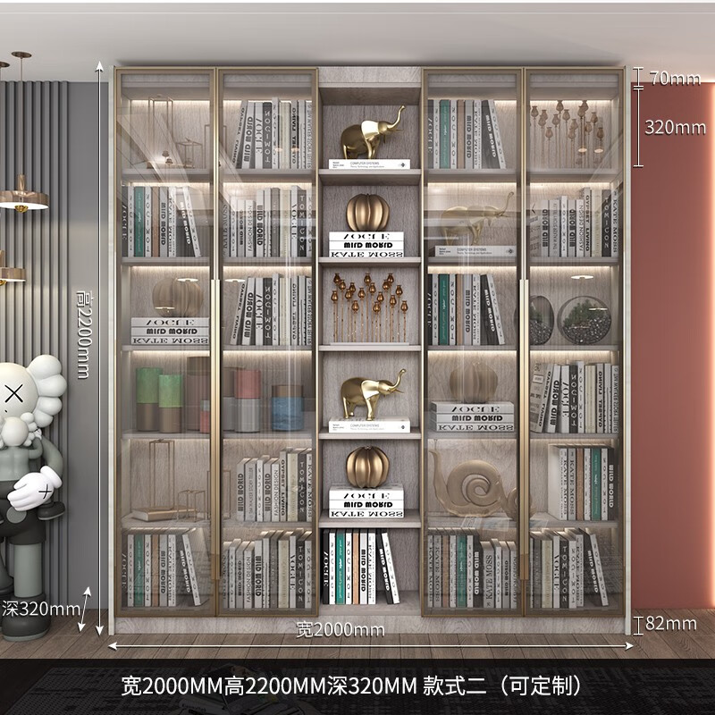 欧莎拉贝 简约现代玻璃门书柜北欧轻奢家用储物柜大书橱书架背景墙组合书柜 宽2米高2.2米深0.32米B