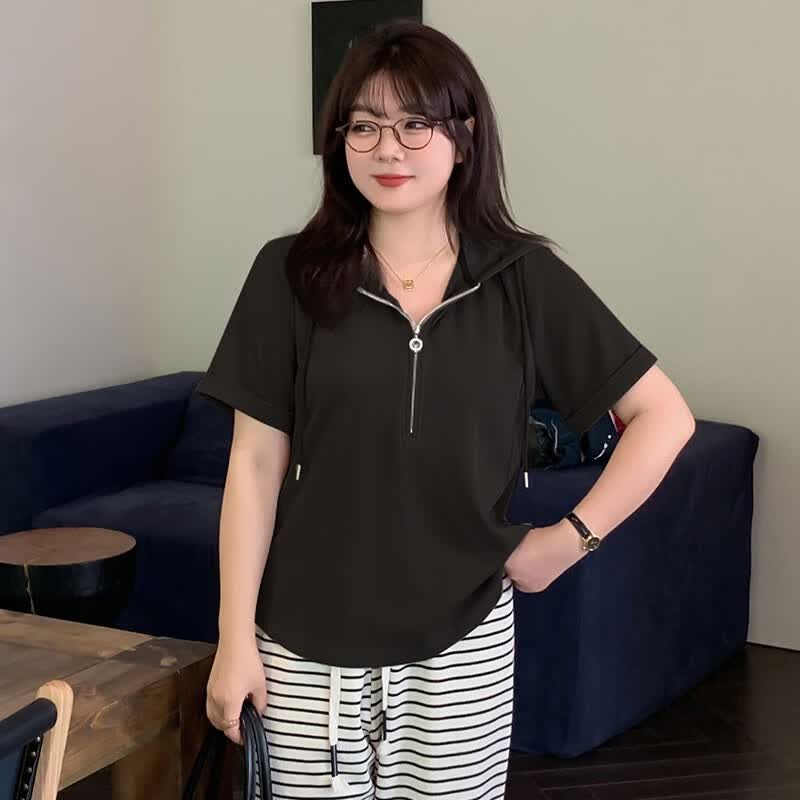 大码t恤女胖mm胖妹妹夏装大码女装盐系慵懒上衣 黑色 p3建议160-180斤