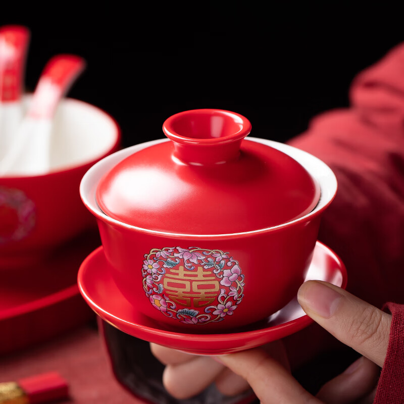 fw结婚庆改口敬茶杯子盖碗喜碗筷勺中式陪嫁礼物陶瓷红色双喜茶具套装