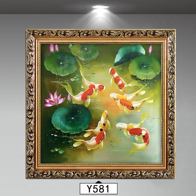 年年有鱼餐厅装饰画饭厅挂画欧式水墨荷花油画客厅九鱼图聚财壁画