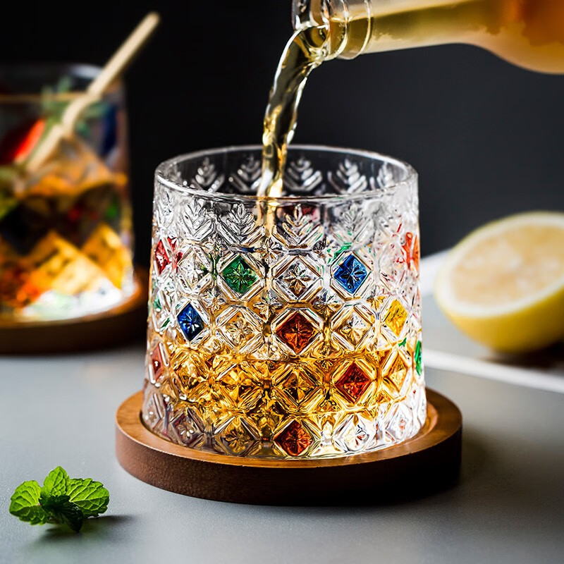 inscription 酒吧旋转底座水晶威士忌洋酒杯 摇摇解压玻璃杯啤酒杯