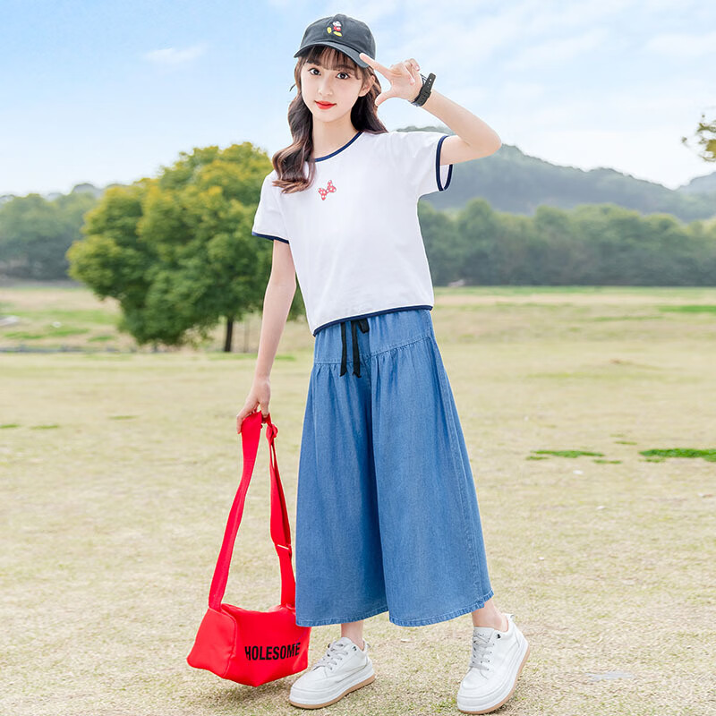 宝贝大童女装12岁到15岁套装女童夏装2024新款韩版儿童装洋气中短袖牛