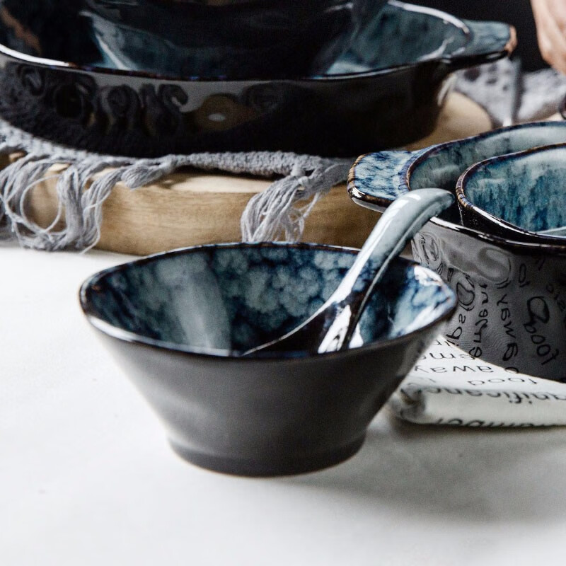 inscription 创意灰蓝大理石纹陶瓷碗盘餐具饭碗沙拉碗盘菜盘牛排盘鱼