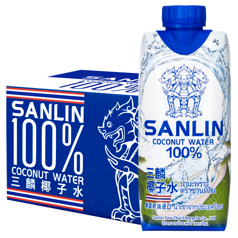 SANLIN 三麟 100%椰子水 富含天然电解质 泰国进口NFC椰青果汁330ml*12瓶 整箱