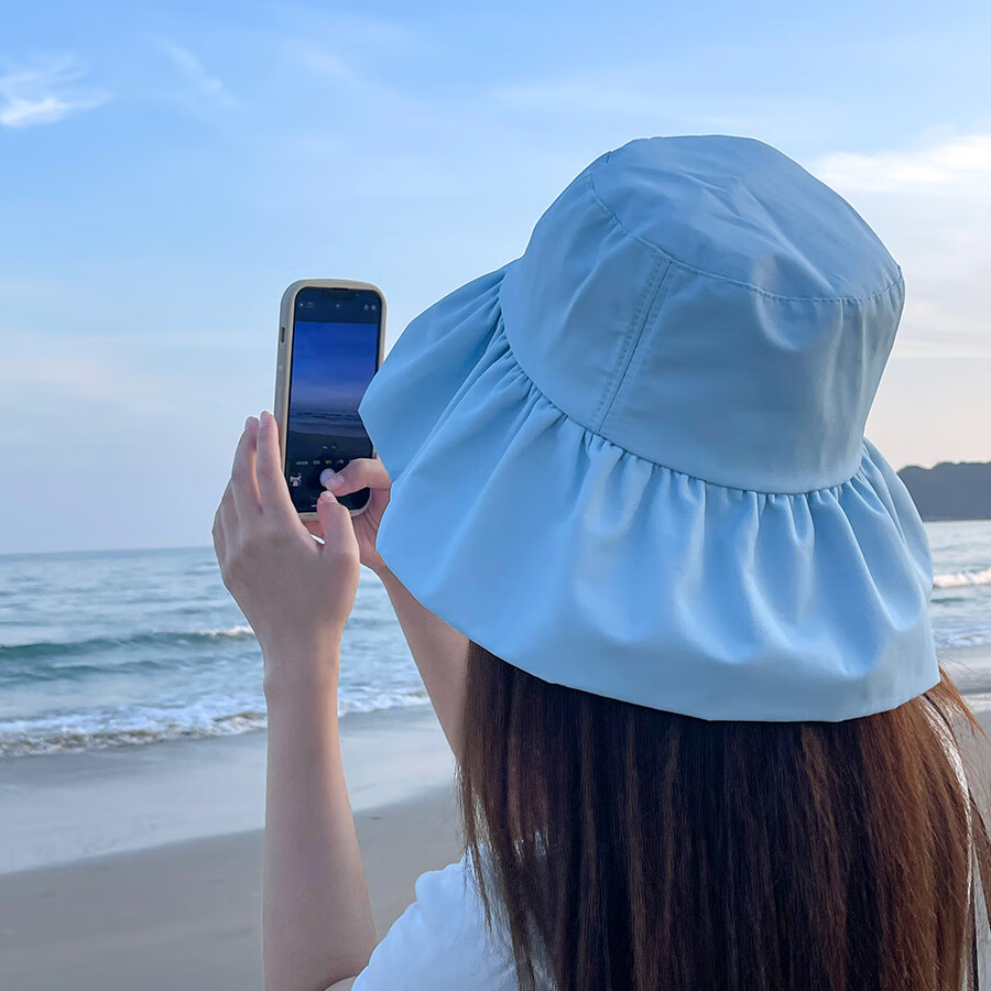 槿城 蓝色渔夫帽女夏季防晒防紫外线遮阳帽户外百搭大帽檐遮脸太阳