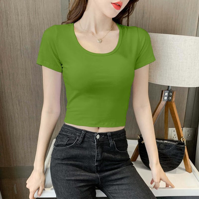 然往牛油果绿色露脐上衣女短袖新款紧身短款高腰t恤短装气质 牛油果绿