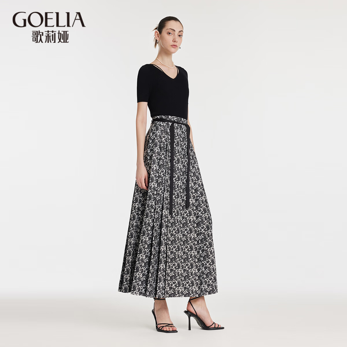 歌莉婭（GOELIA）馬面裙新中式氣質(zhì)改良國(guó)風(fēng)半身裙長(zhǎng)裙子1C2R2B06A 65C淺灰底黑玫瑰提花 M