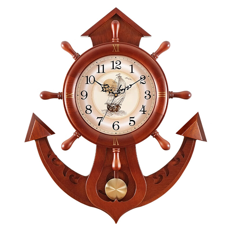 枫叶（MapleLeaf） 欧式船舵创意实木挂钟家用摇摆简约艺术石英钟客厅现代装饰时钟 7028板栗色-日本机芯