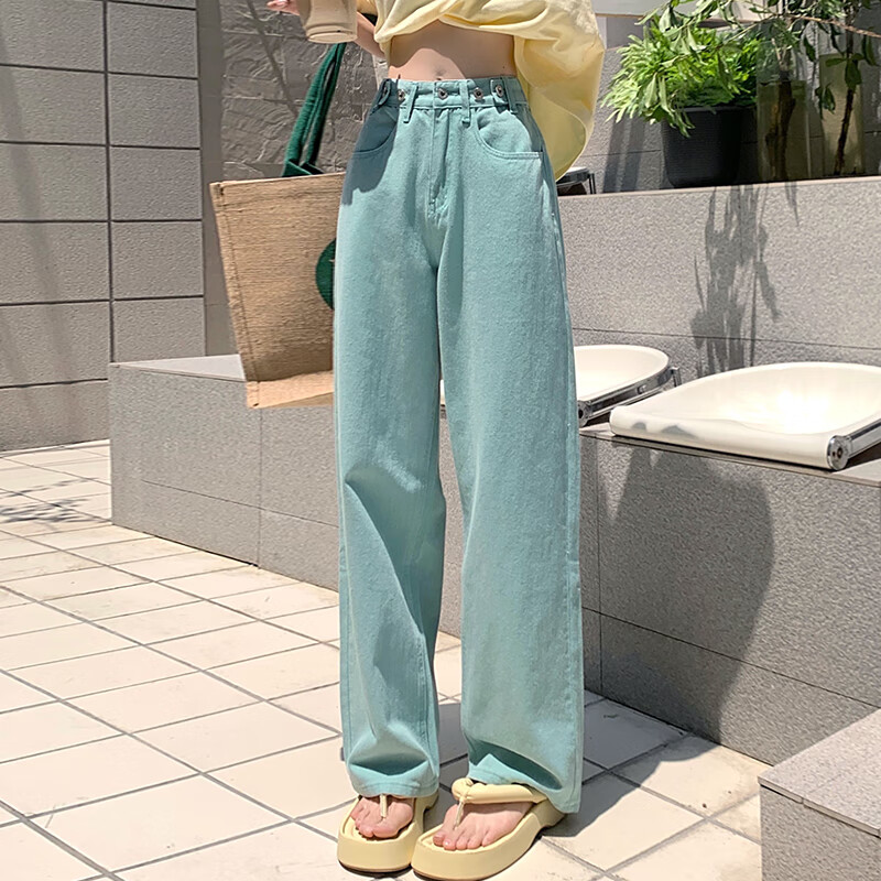 绿色牛仔裤女宽松直筒阔腿裤春季2024新款小个子高腰裤子ins潮 豆绿色