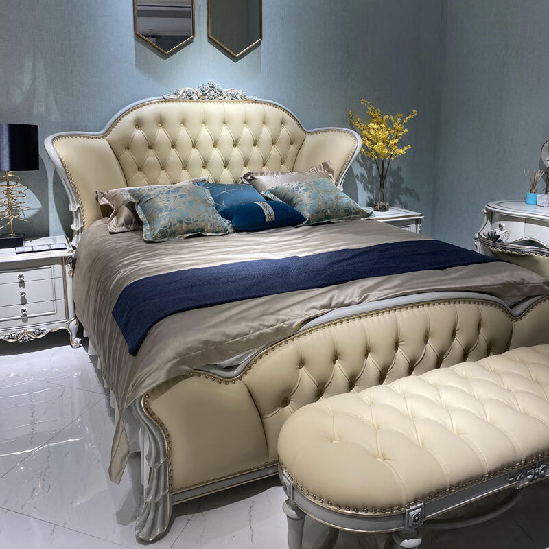 欧式实木皮艺双人床法式简约套房别墅卧室婚床梦寐蓝拉丝烤漆家具 床