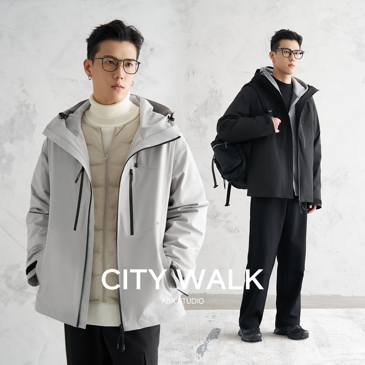 a.b.x【复合三防面料压胶防水拉链】春季立领连帽夹克男撞色拉链外套 浅灰 带羽绒内胆 3XL