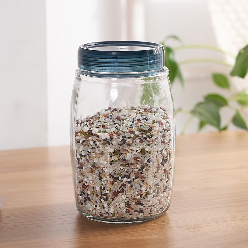 龙士达圆形玻璃密封罐 防潮透明厨房玻璃瓶储物罐 无铅泡菜坛子零食罐 天蓝色750ml