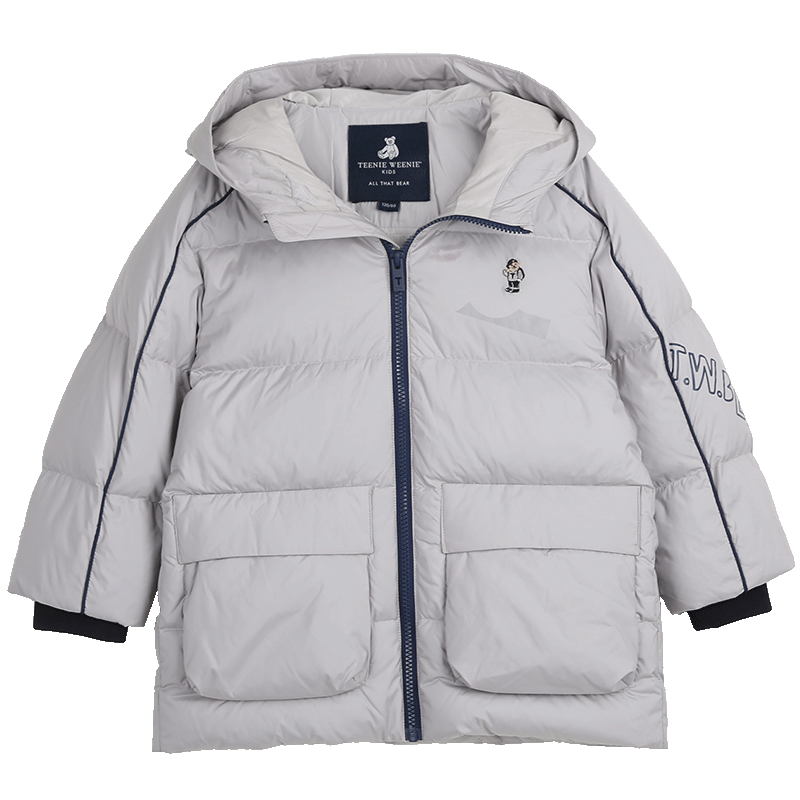 weenie kids小熊童装男童22年冬季新款印花刺绣连帽羽绒服 浅灰色 120