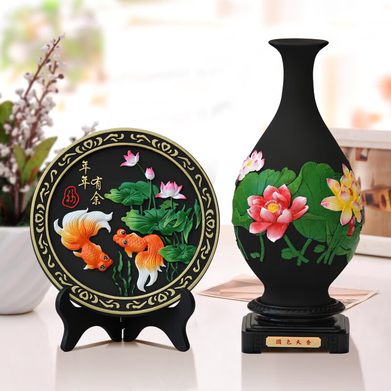 集里雅韵活性炭雕工艺品国色天香花瓶创意家居装饰品摆设新家装电视柜