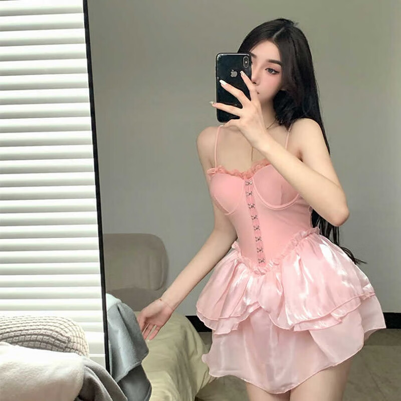 宫钰悦泳衣女连体吊带纯色钢托连体裙式风温泉泳装显瘦性感泳衣 粉色