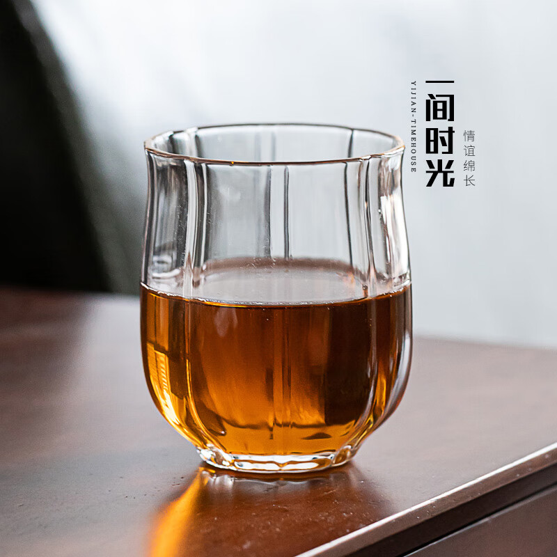 一间时光家用简约玻璃杯耐热透明森系水杯创意威士忌杯啤酒杯茶杯女果汁杯 高款花瓣杯220ml