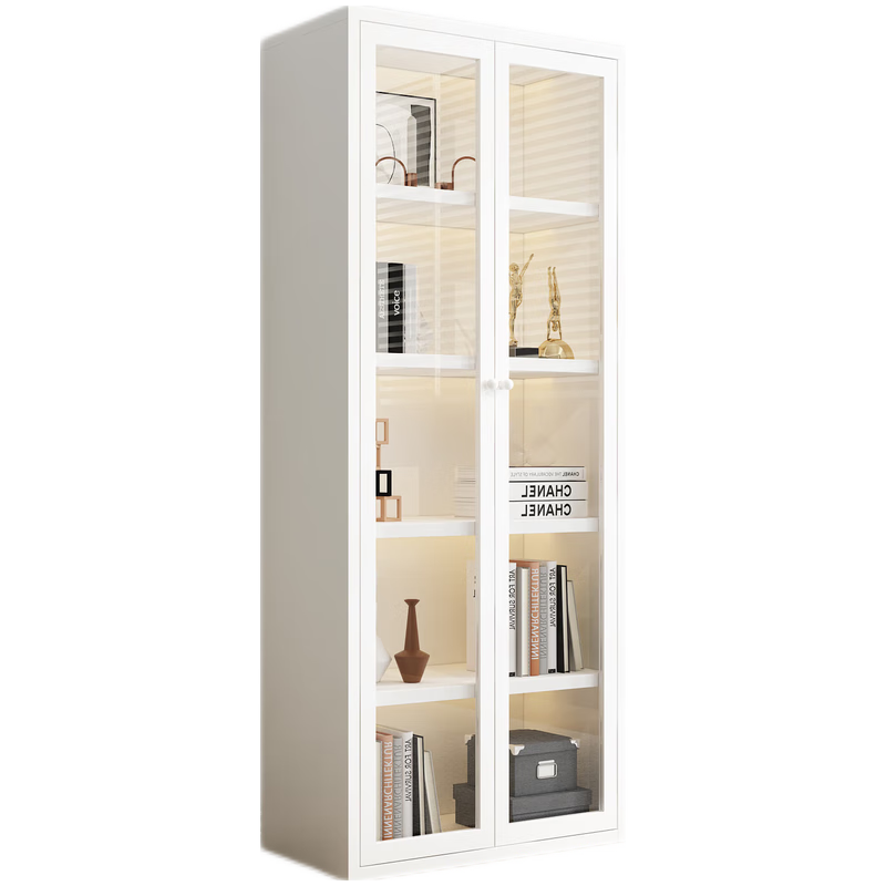 曼海晶 书柜铁艺书架落地家用学生客厅卧室简易轻奢带玻璃门防尘多层收纳储物柜现代简约矮柜置物展示柜 白色落地款