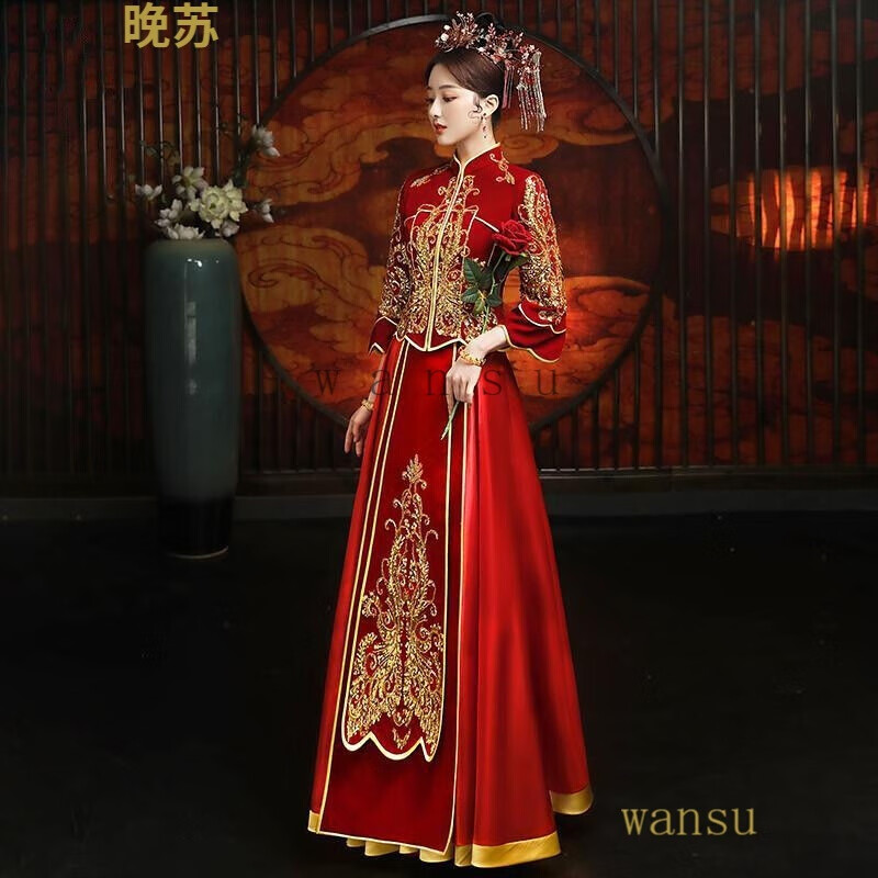 晚苏丝绒秀禾服新款秋季结婚新娘礼服女婚纱中式嫁衣中国风出阁服
