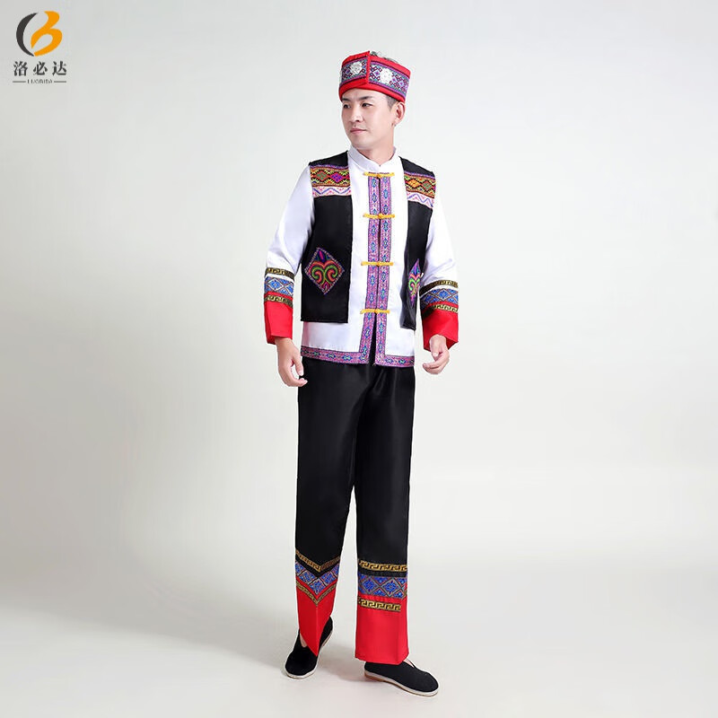 洛必达 新广西壮族彝族服男民族风云南少数民族苗族演出服葫芦丝瑶族服装2022 黑色 三件套+帽子 180CM属于什么档次？