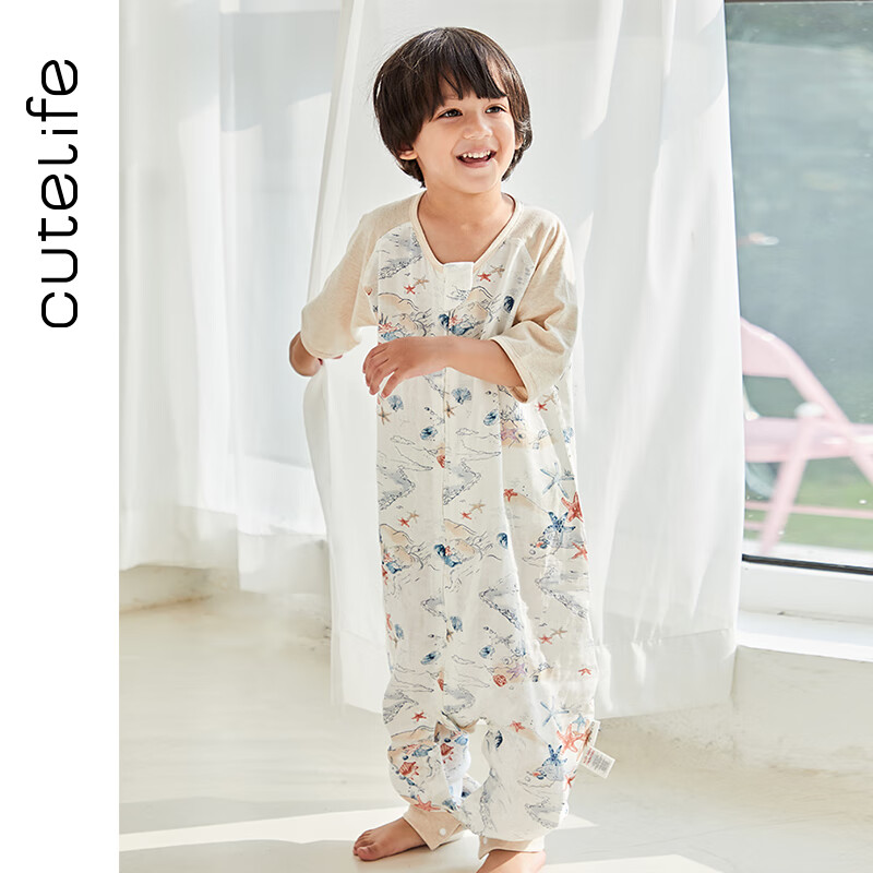 Cutelife婴儿睡袋双层纱布短袖春夏薄款睡袋儿童防踢被竹绸睡袋蚕丝纤维 落日潮汐 室温26度以上 M码 (身高80-95cm)怎么看?