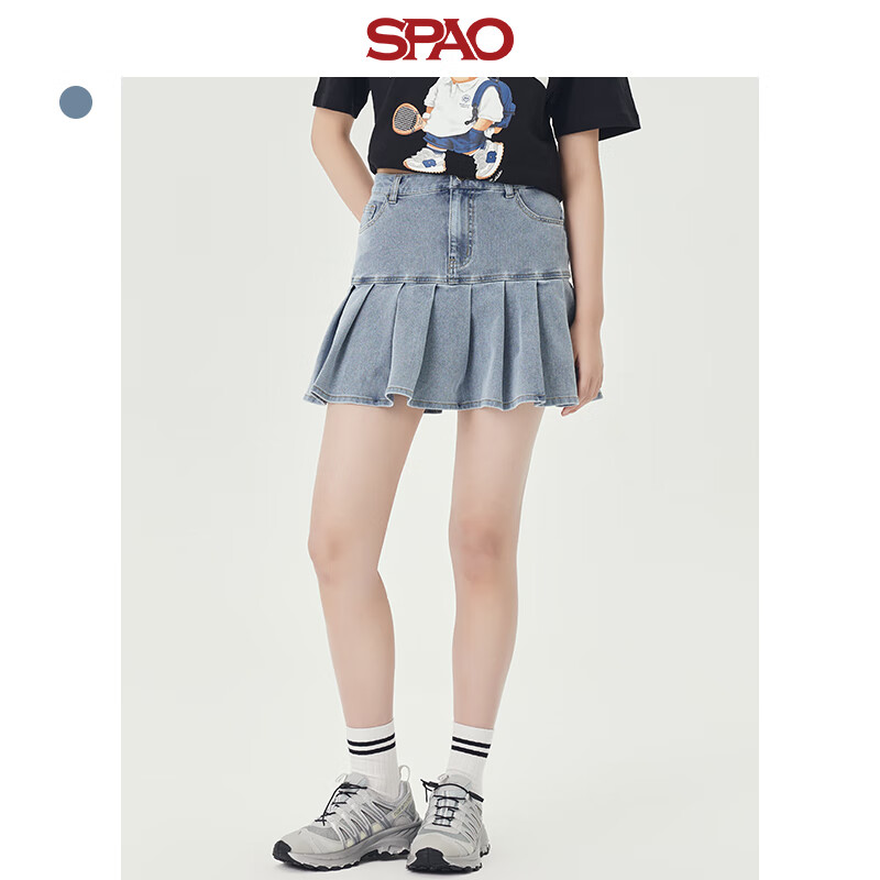spao女士2023年夏季新款短款时尚潮流牛仔百褶半身裙spwjd25s21 靛