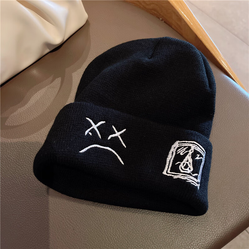 黑泽木平沿帽男黑白针织帽学院风套头哭脸毛线帽韩版ins网红百搭情侣