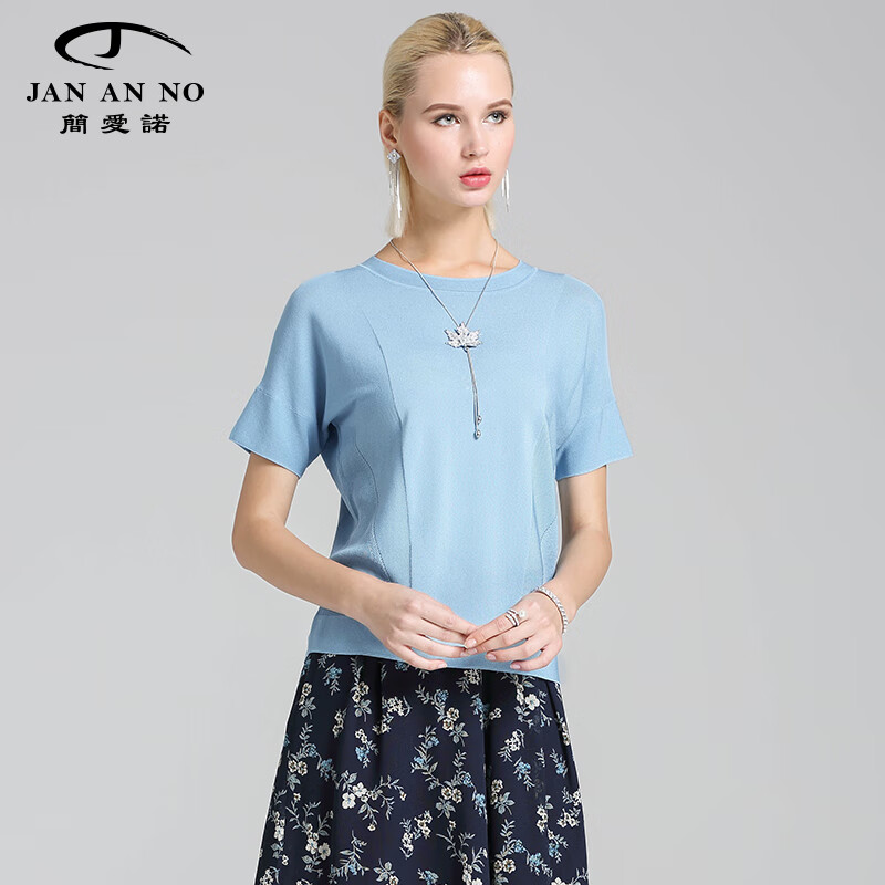 jan an no简爱诺夏季休闲落肩圆领毛衫针织上衣女j810235ms 蓝色 38