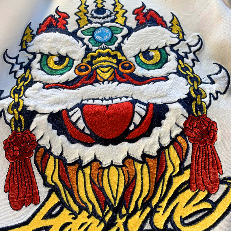 男士短袖t恤 休闲狮子头像中国风醒狮刺绣恤夏季国宽松大码半袖上衣服