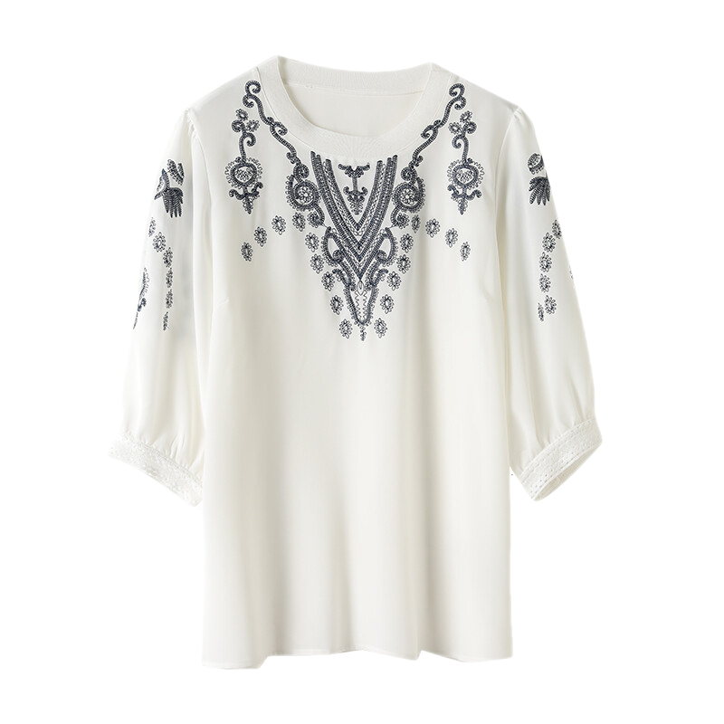 莎芡（shaqian）圆领刺绣七分袖雪纺衫女2022年夏季新款宽松减龄小衫 白色 M（90-105斤）