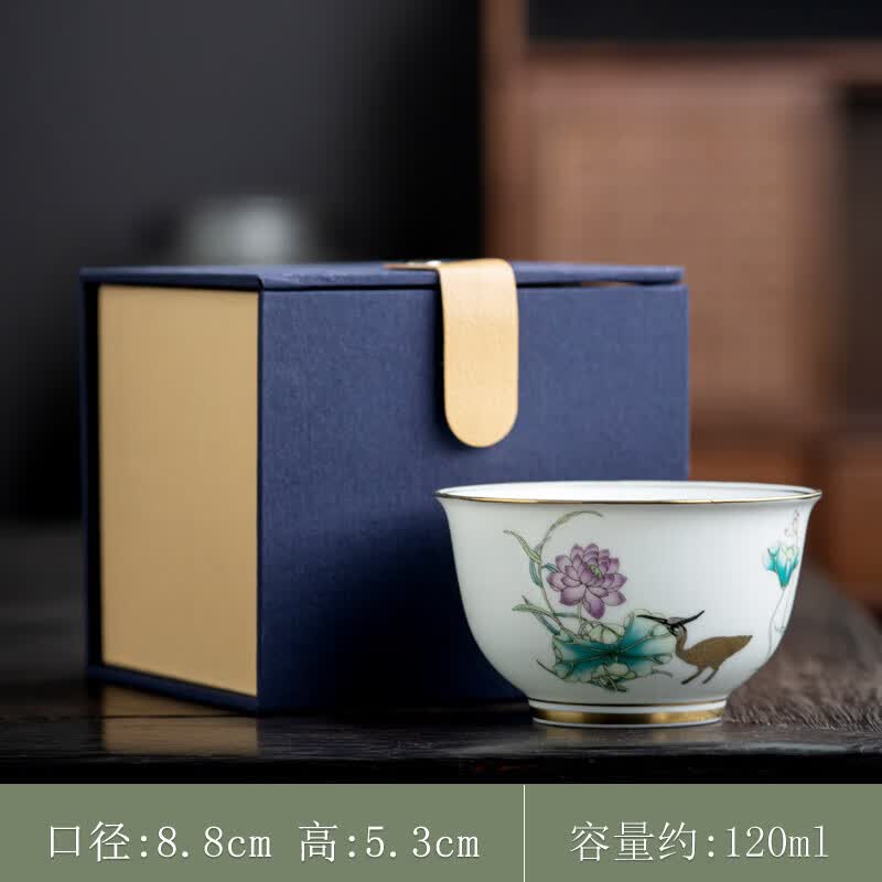 Sonwibumn景德镇高端主人杯单杯描金陶瓷茶杯功夫茶具品茗杯手绘大号茶碗礼 压手杯【一鹭莲升-礼盒装】