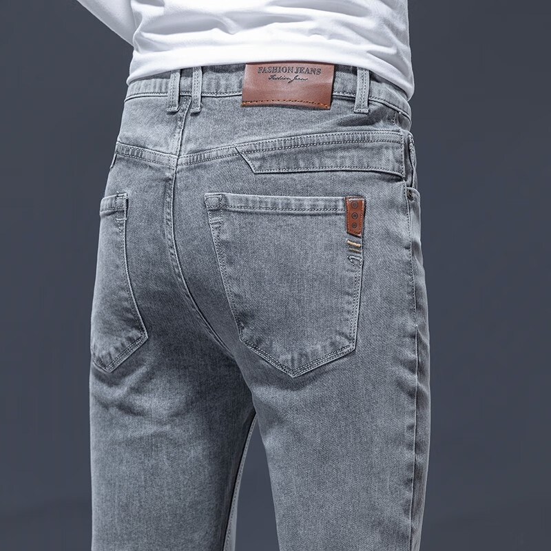 牛仔裤男小直筒夏季新款修身潮流裤子男弹力商务休闲百搭男裤 灰色 28