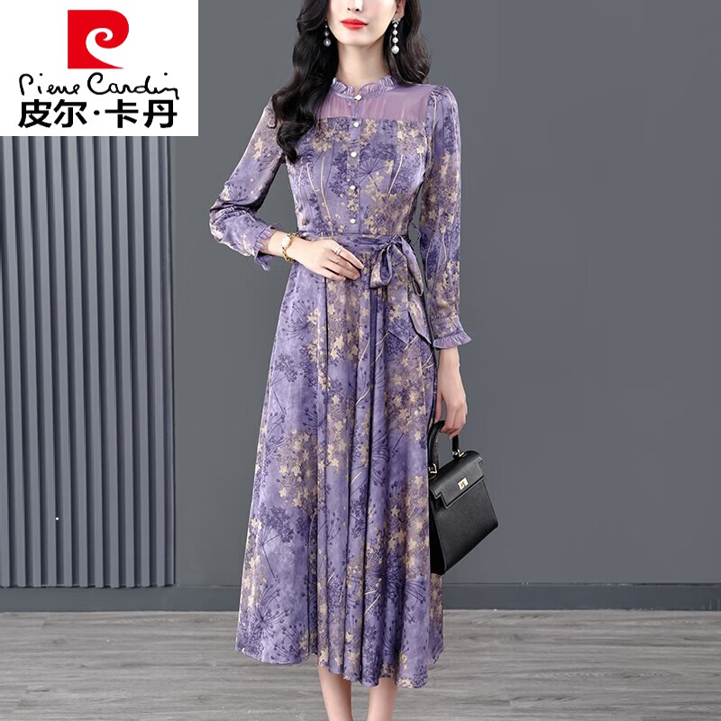 皮尔卡丹品牌轻奢高档女装 长袖真丝桑蚕丝醋酸缎面连衣裙女秋季中年