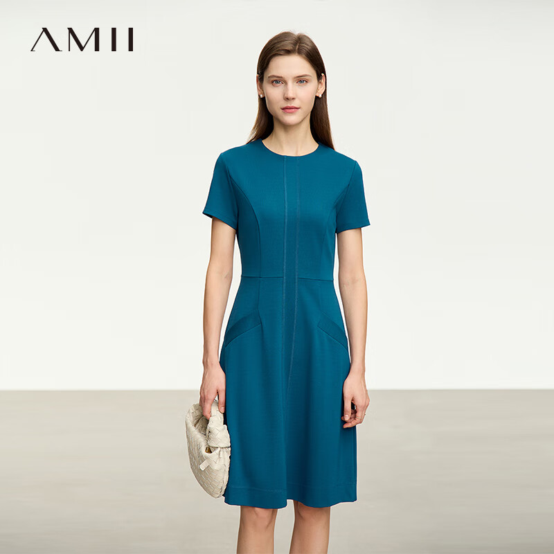 AMII2023夏新款极简纯色知性修身短袖套头罗马布弹力连衣裙女 黛绿 155/80A/S
