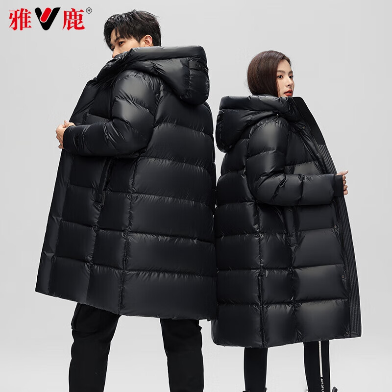 雅鹿【鹅绒泡芙】长款鹅绒羽绒服女冬季连帽加厚极寒男女同款外套 【鹅绒】黑色女款 M /170