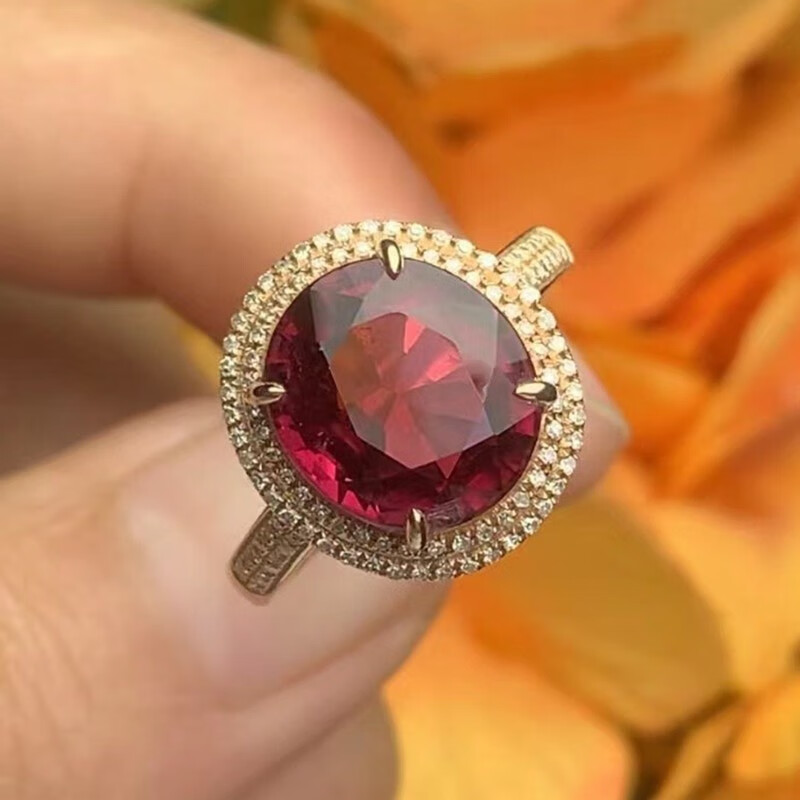 俊辰珠宝   天然红碧玺戒指女 18k金镶嵌钻 火彩旺 情人节生日礼品送