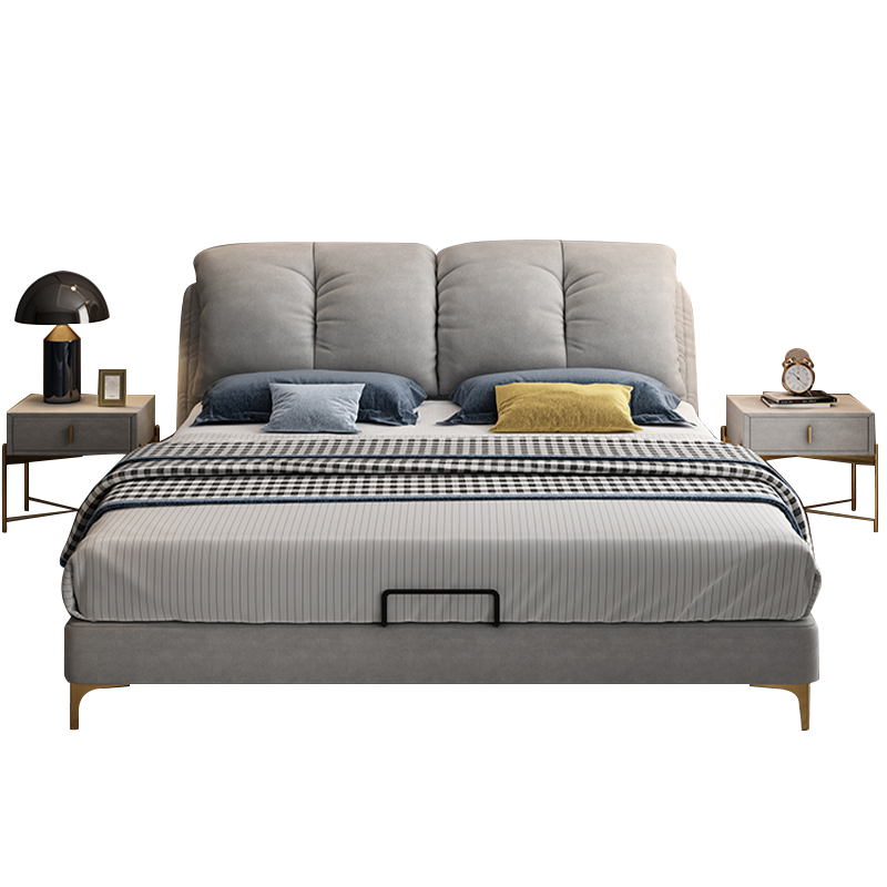 慕斯华庭北欧轻奢布艺双人床ins网红软包现代简约科技布床主卧婚床 实木气动床+床头柜2个+乳胶弹簧床垫 1800mm*2000mm