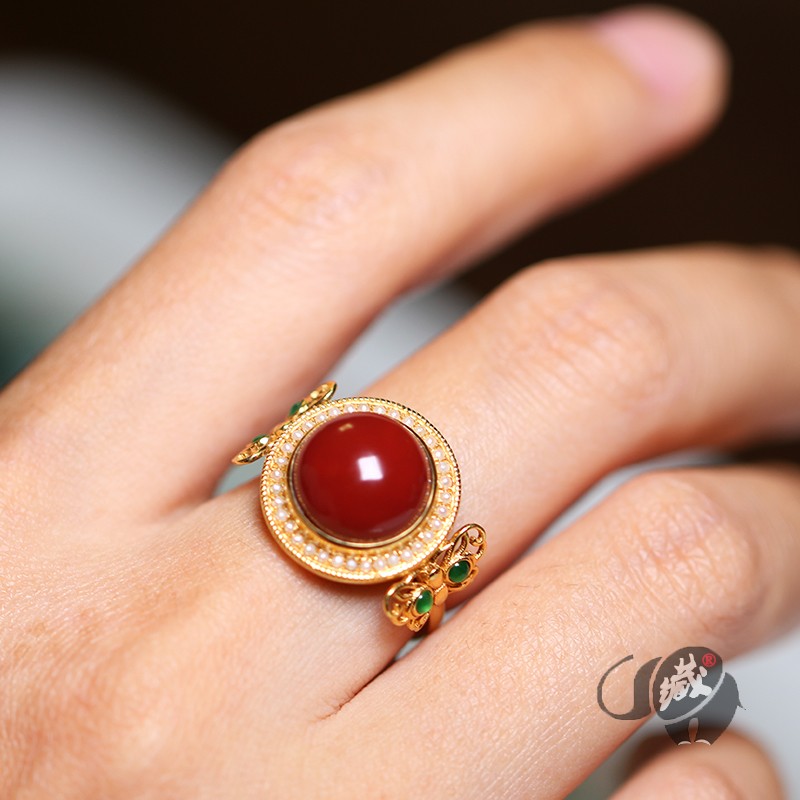 甄祥 南红玛瑙戒指戒圈指环 瓦西料纯色锦红牛血红 18k金镶嵌