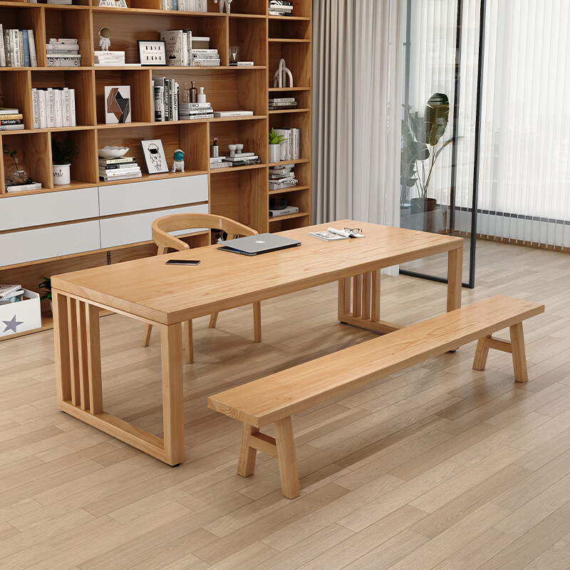 长条白蜡木大板桌房图书馆原木电脑桌 书桌书柜一体桌 尺寸和颜色联系