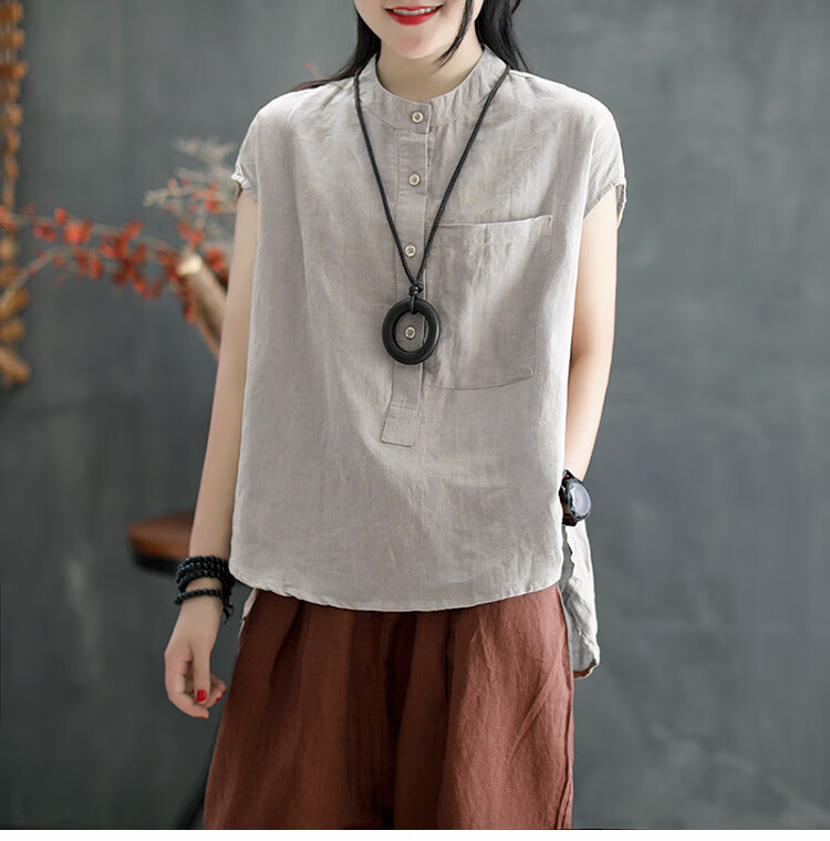 辞柠捡漏素订棉麻女装素素文艺亚麻衬衫女夏季宽松休闲短袖不规则纯色