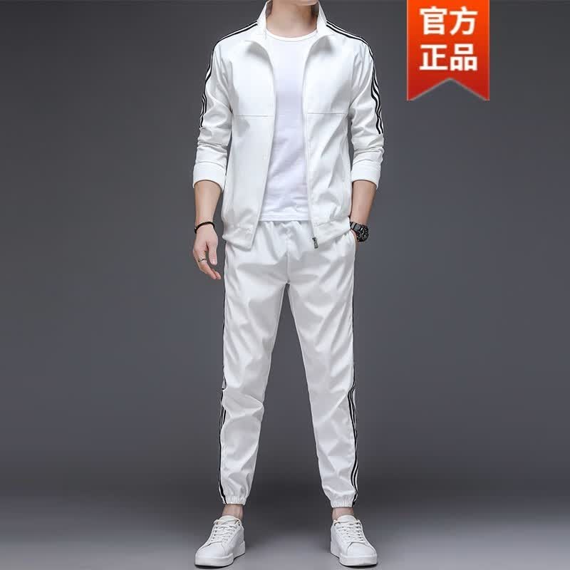 新品春秋新款男士条纹休闲运动套装男潮牌痞帅ins束脚裤子夹克两件套