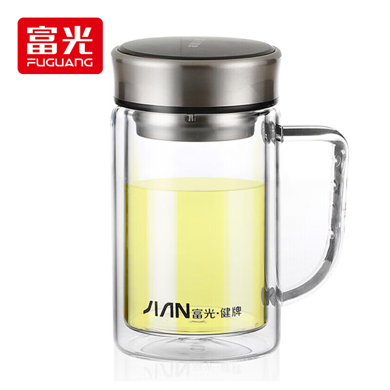 富光 健牌系列玻璃杯 男女商务双层茶杯 带把手办公泡 带滤网大容量