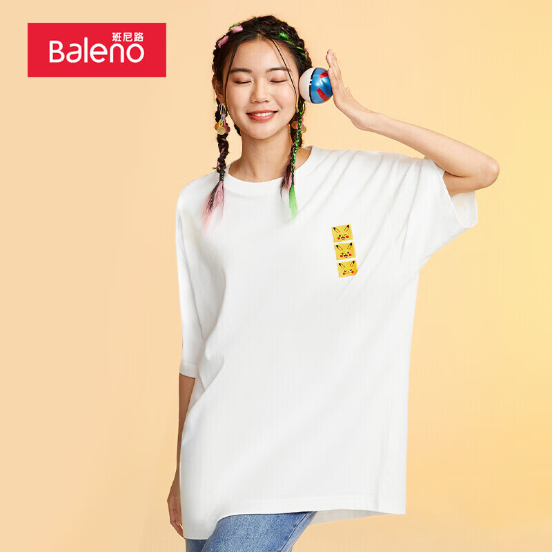 班尼路Baleno 2022春夏比卡丘卡通印花宝可梦联名T恤男圆领休闲短袖 001W漂白 L
