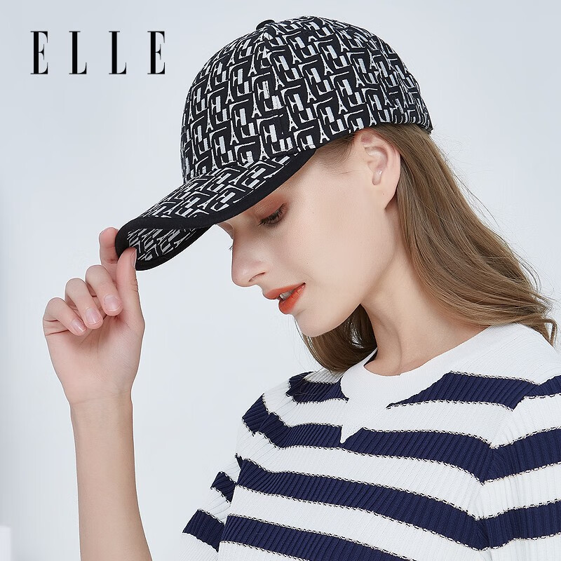ELLE棒球帽男女时尚情侣鸭舌帽户外遮阳防晒提花帽子可调节 气质黑 均码可调节
