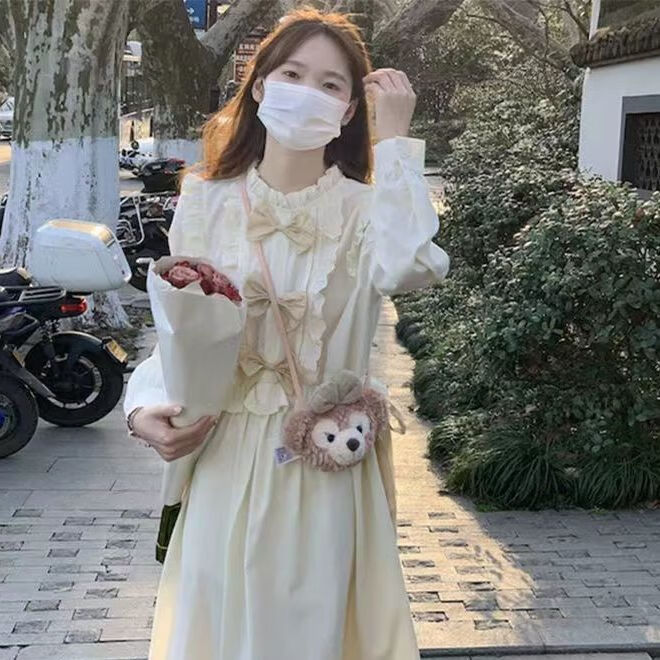 秋冬连衣学院风可爱小清新少女初中生女生子秋季韩版甜美蝴蝶结长袖