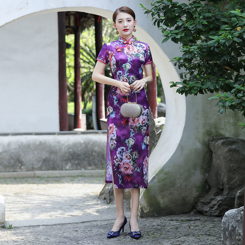 长款短袖旗袍(玫瑰花紫色) 5xl(参考体重150-160斤)